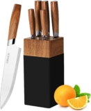 lapelux Knife Set – 5 Piece Kitchen Knife Set with Block, Wood Grain Handle, Stainless Steel Kitchen Knives with Chef, Bread, Slicer, Utility, Paring Knife for Cutting Meat/Vegetables/Fruit.