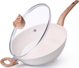nuovva Non Stick Saute Pan Induction Hob Saucepan with Lid Kitchen Pan Cookware 28cm Cream Granite Chefs Pan Frying Pan with Lid