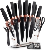 nuovva Professional Kitchen Knife Set with Block – Copper 17 Piece Knives Set with Steak Knives – Clear Acrylic Block High Carbon Stainless Steel Blades – with Knife Sharpener Peeler and Scissors